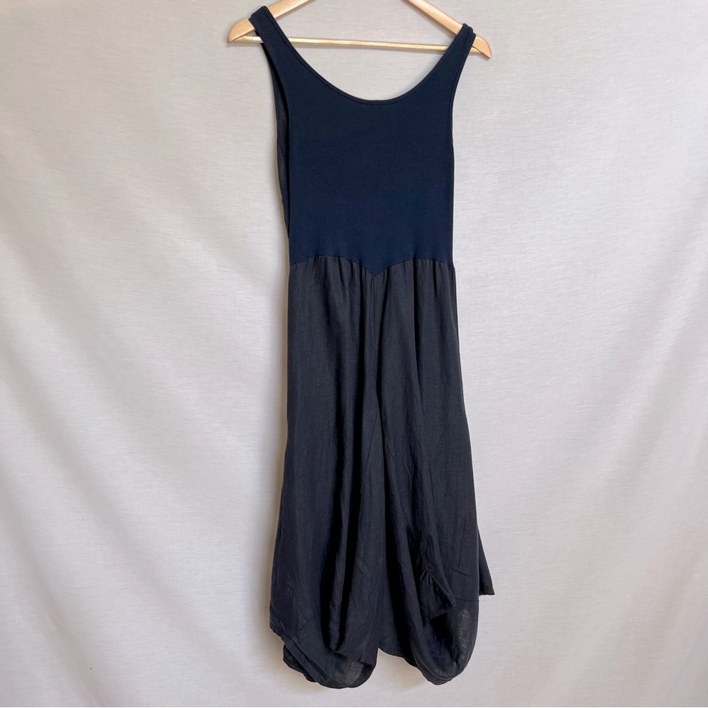 Linen Asymmetrical Navy Artsy Sleeveless Tank Dress - Picture 2 of 16